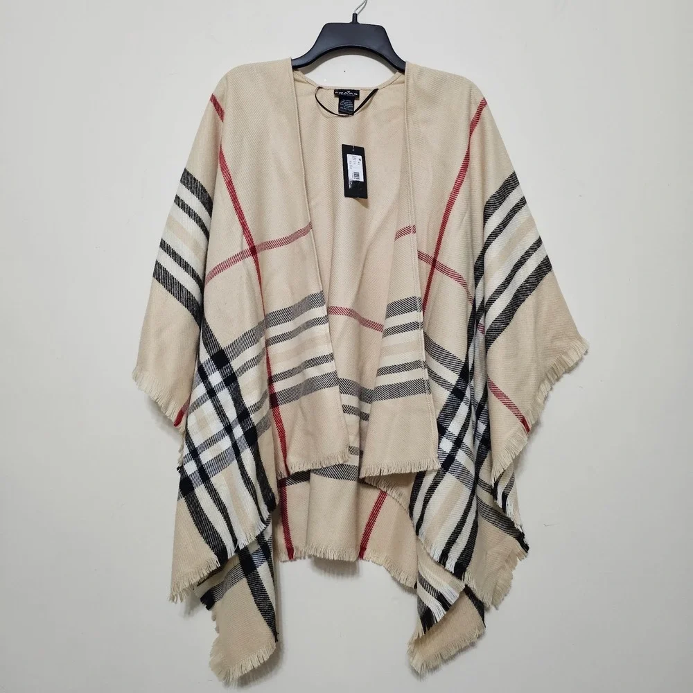 FRAAS Women's Poncho One Size Biege Black Red Plaid Long Sleeves Open Front 1050